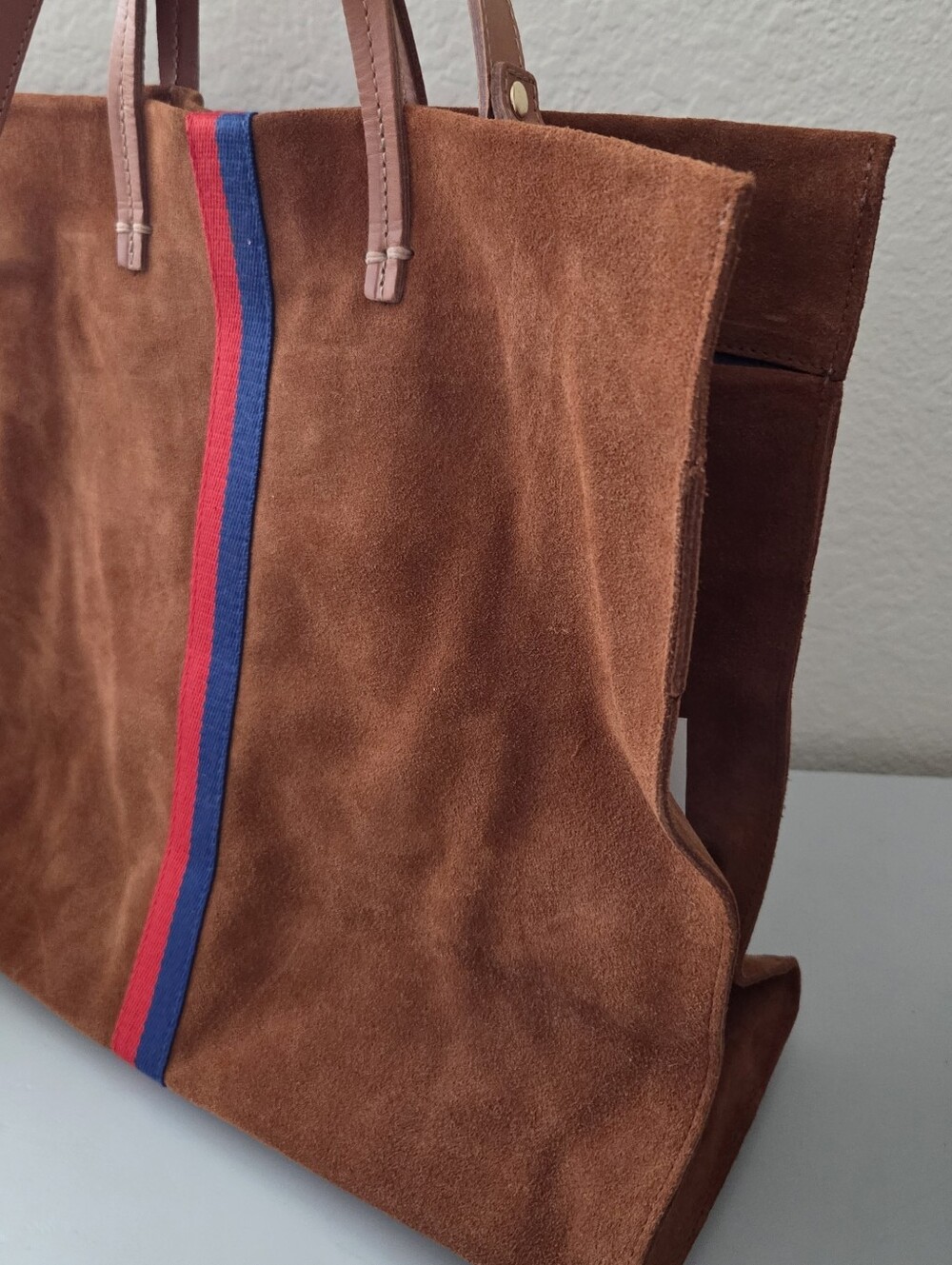 Clare V Simple Tote Suede Napa Shoulder Bag in Chestnut With Stripes